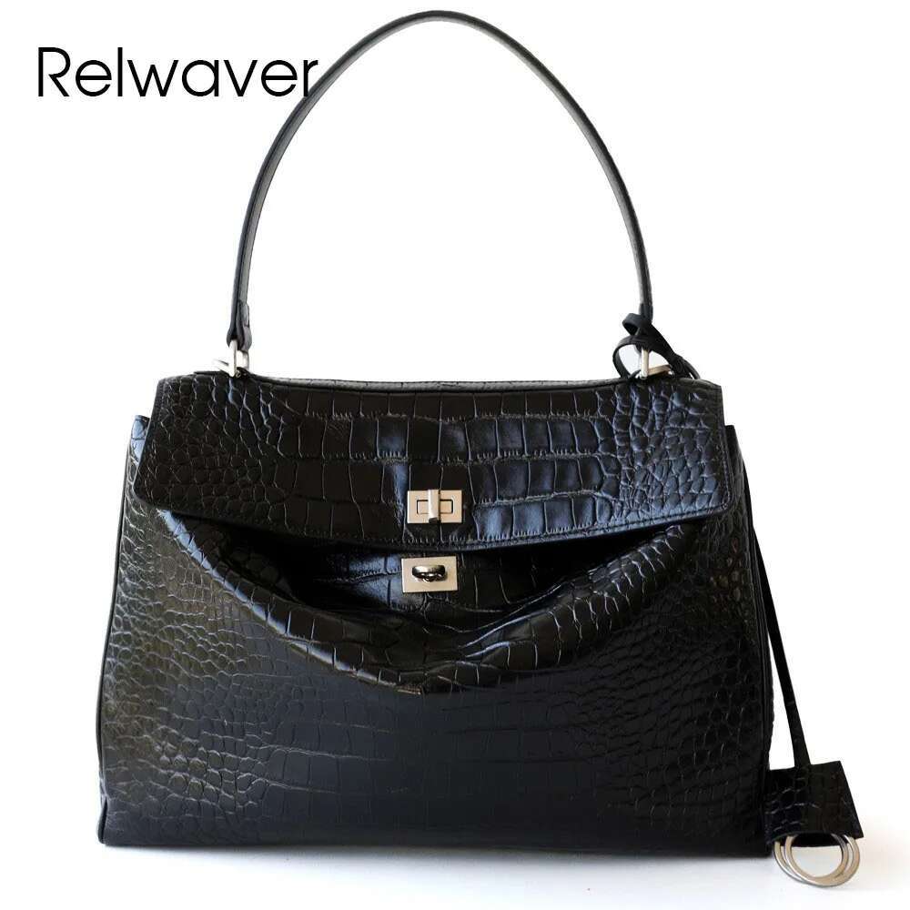 Relwaver Women Messenger Bags Genuine Leather Crocodile Cowhide Black Shoulder Bag 2025 Spring Summer Fashion Ladies Big Flap