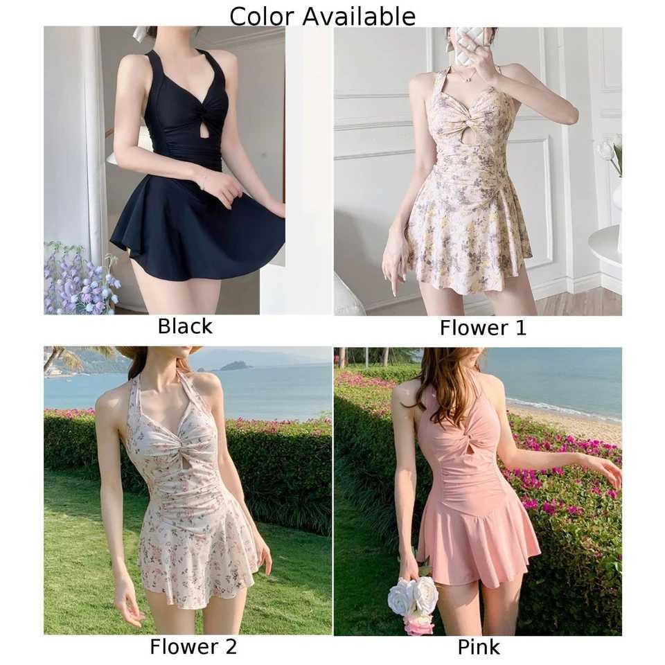 Women Hanging Neck Swimwear Sexy Beach Dr High Waist Swimsuit Sweet Swimwear Conservative Belly-covering Spring Dr LinedXJ240108