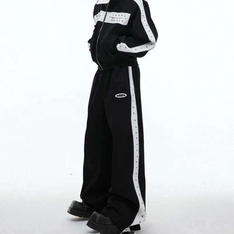 Autumn Winter Metal Rivet Color Contrast Patchwork Sweatshirts Niche Design Casual Men's Straight Sport Pants