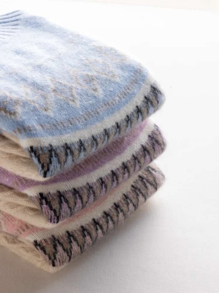 Women Vintage Style Faire Isle Jacquard Sweater Thick Mock Neck Pullover Autumn Winter 100% Cashmere Knitwear