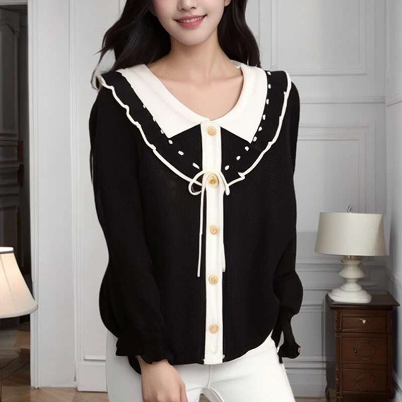 Women's Ruffled Long Sleeve Knitted Sweater Single Breasted Lapel Bowknot Tops
