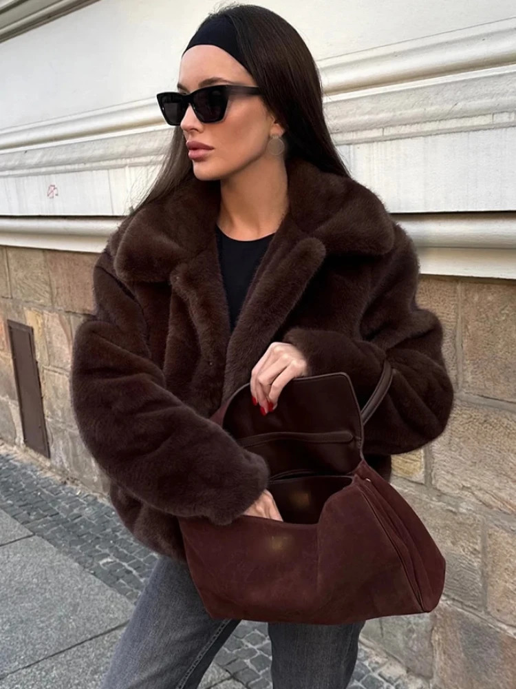 ZBZA Womens Faux Fur Cropped Jacket Coat Warm Retro Lapel Long Sleeve Solid Side Pockets Casual OverCoat Winter Chic 250103