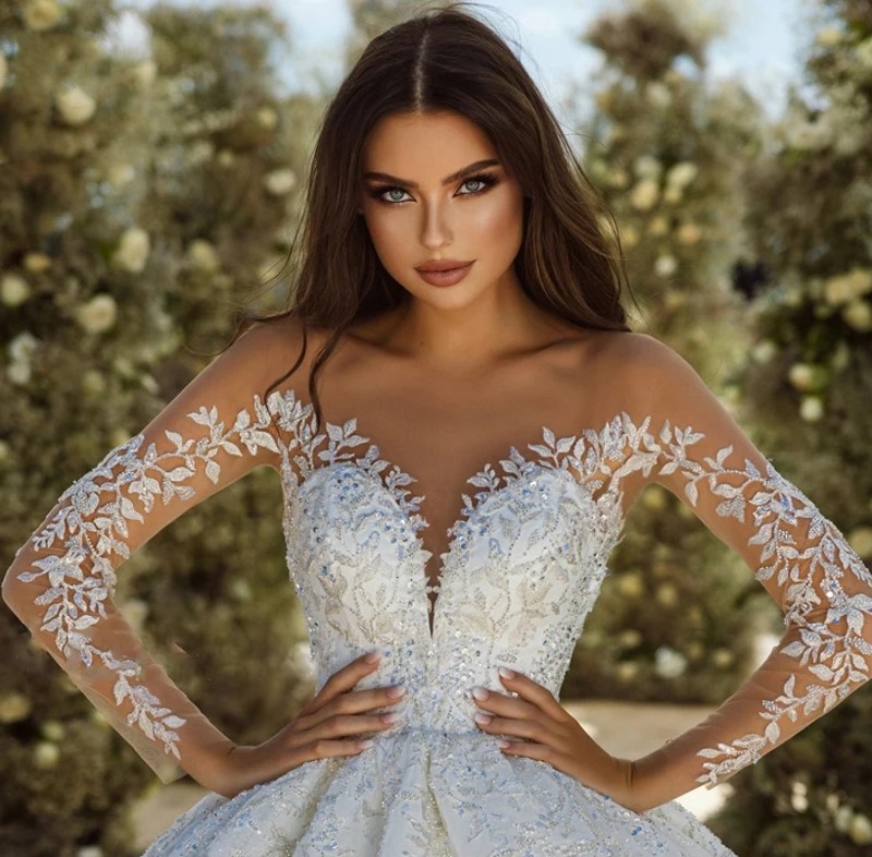 2025 Princess Wedding Dress Sweetheart Long Sleeve Lace Appliques Tulle Chic Bride Bridal Gowns Church Vestidos De Novia Arabic Dubai