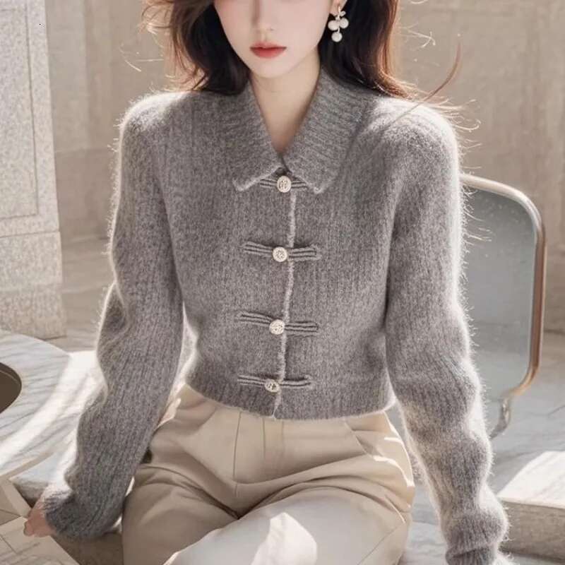 Autumn Winter Button Slim Solid Color Knitting Women Clothing Indie Folk Polo Collar Long Sleeve Chinese Style Sweater Top