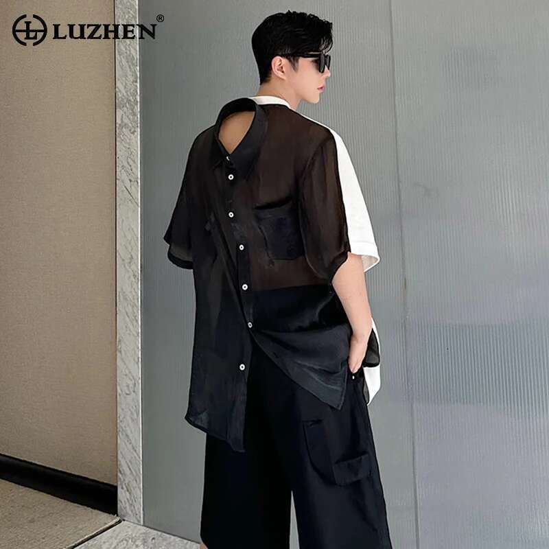 Translucent Splicing Multifunctional Short Sleeve T Shirt Personalized Trendy Street High Quality Men's Clothes