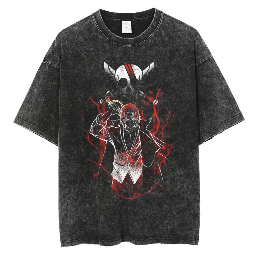 Washed Anime Day diffuse new Harajuku loose China-Chic T-shirt male pirate king five Nica
