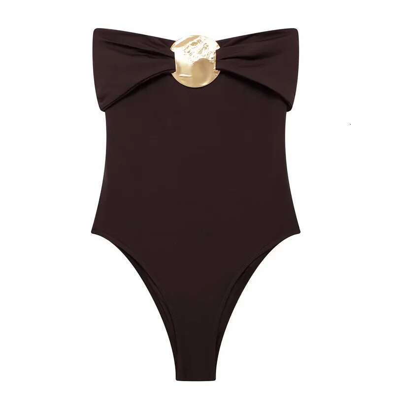 TRAF Sexy Body Woman Off Shoulder Black Strapless Bodycon Bodysuit Corset Backless Brown Women Beach Swimsuit