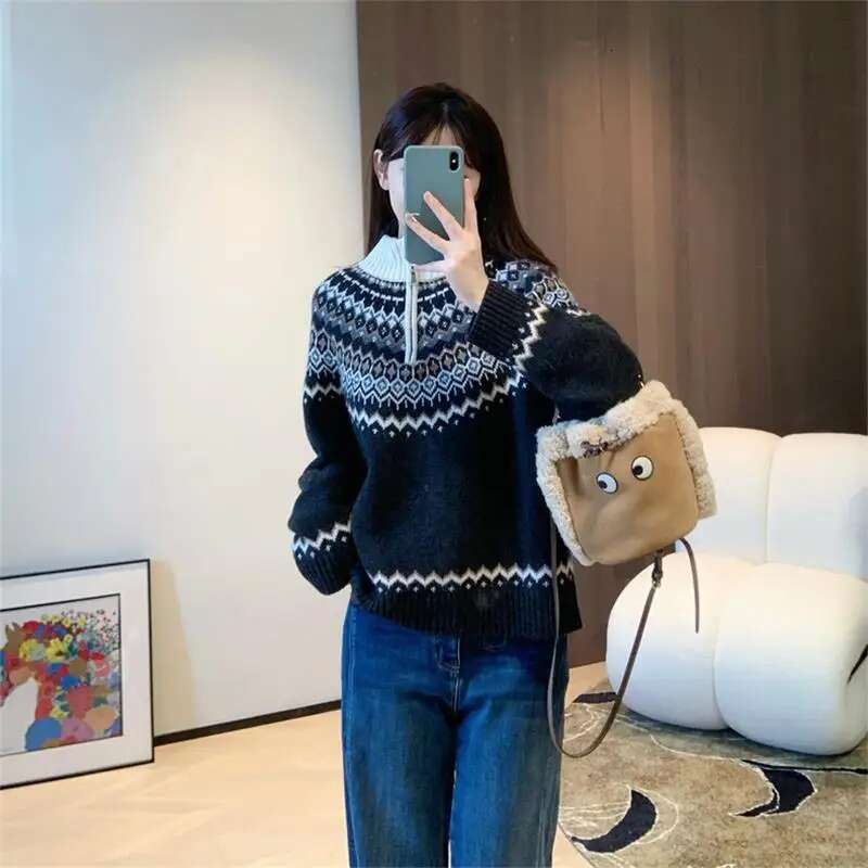 2024 Autumn And Winter New Wool Blend Half Zip Stand Collar Woolen Women Loose Jacquard Knit Bottom Jumper Sweater Top