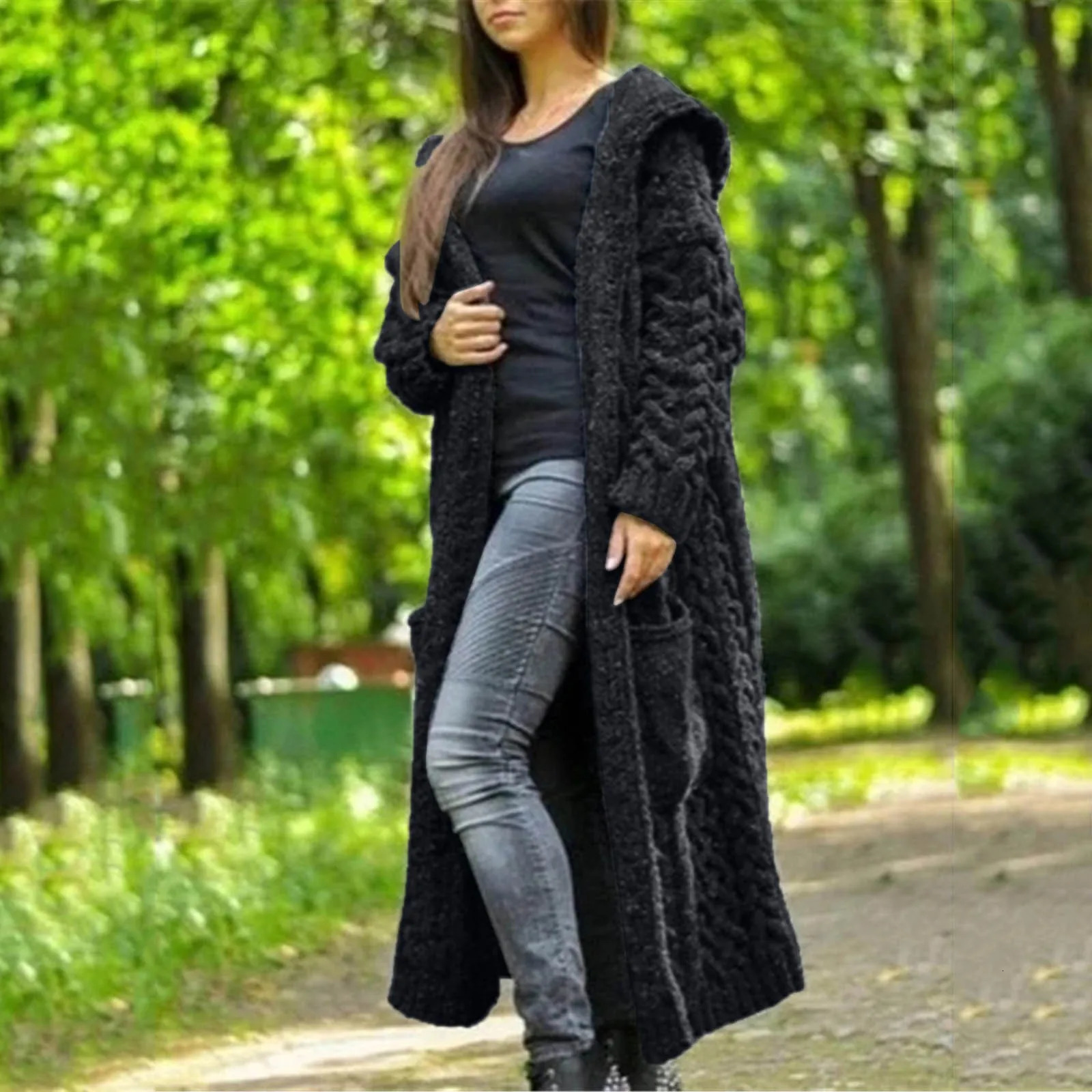 Long Sleeve Loose Cardigan Coat Solid Sweater Winter Long Knitted Pocket Loose Women Cardigan Hooded Limited Sweater Women 250106