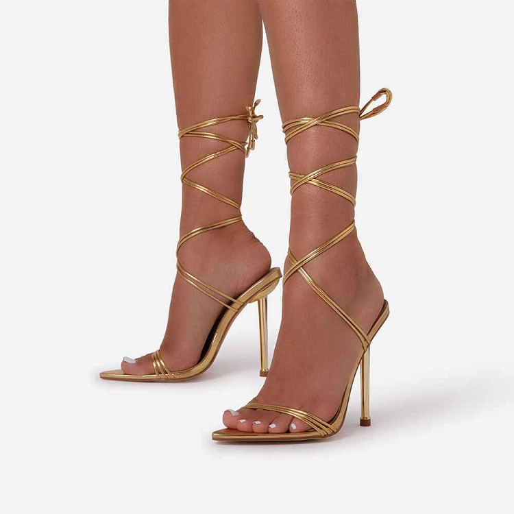 Summer Gladiator Heels Sandals For Women Fashion Pointed Open Toe Lace-Up Stiletto Ladies Strappy Wedding Shoes Black Red