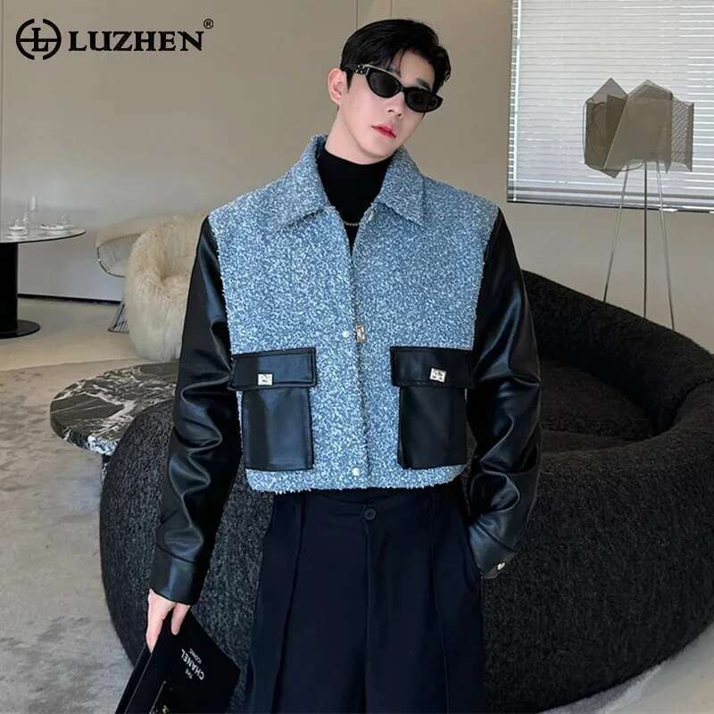 Autumn Fabric Short Fashion Jackets Patchwork Faux Leather Color Contrast Trendy Casual Outerwear Male Clothes