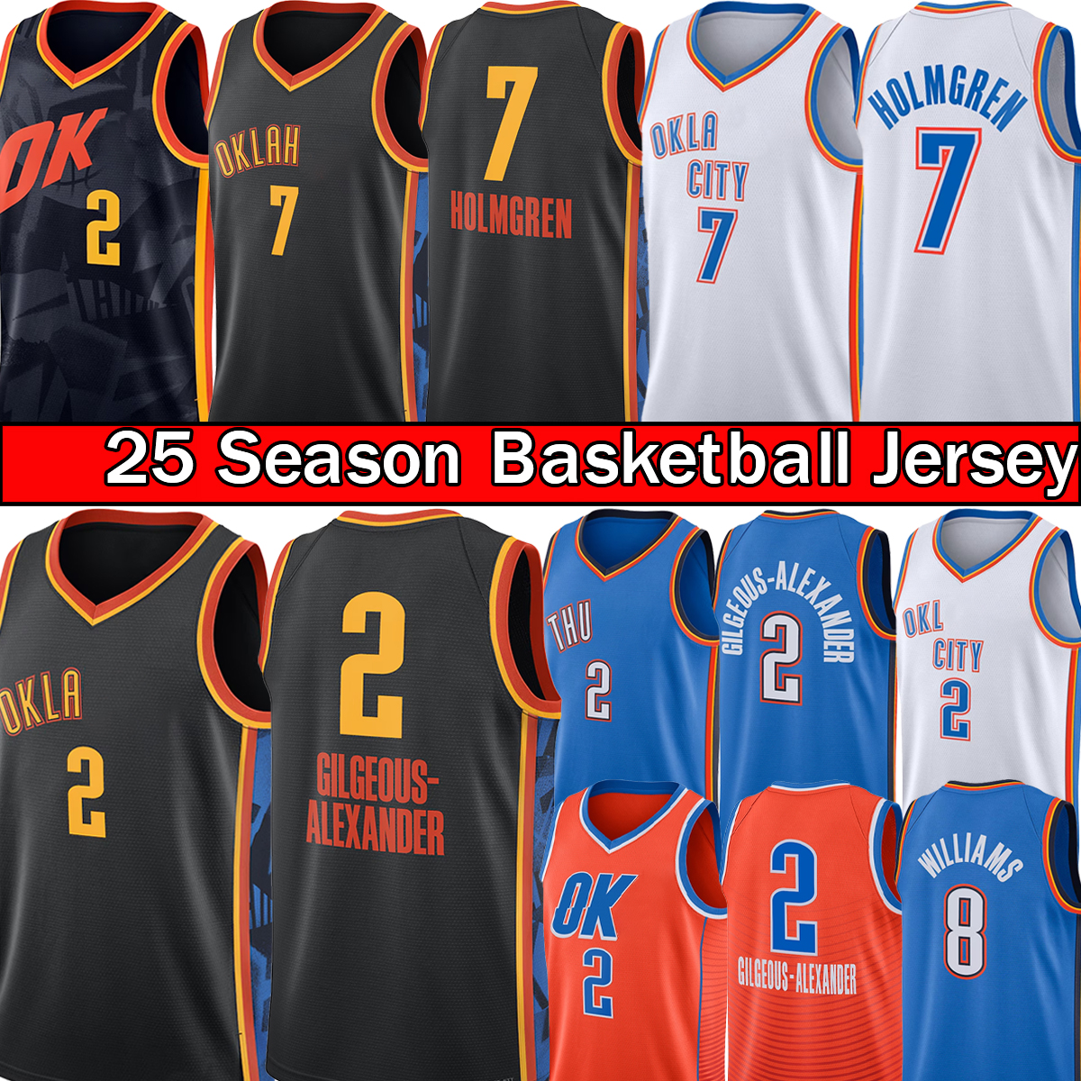 OKC Shai Gilgeous Alexande Thunders Basketball Jerseys Chet Holmgren Jalen Williams Stitched Final patch Mens Youth Kid Basket T-Shirt Black White