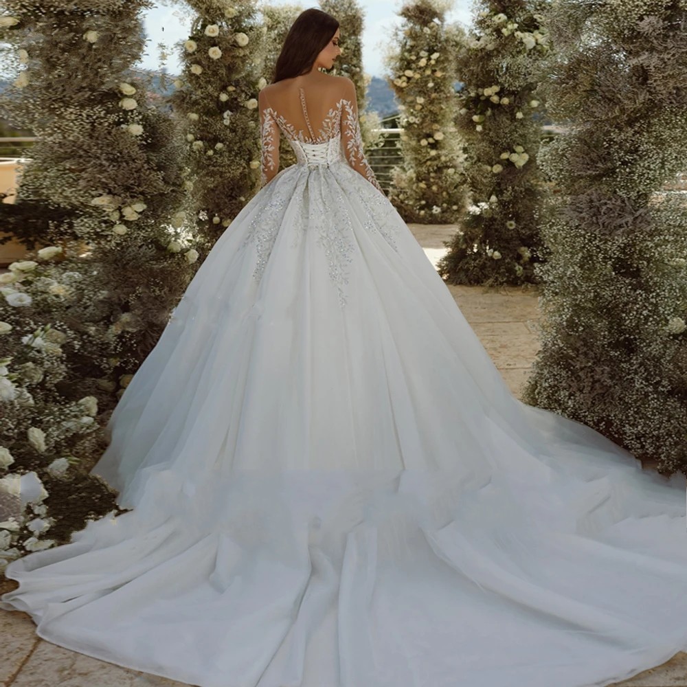 2025 Princess Wedding Dress Sweetheart Long Sleeve Lace Appliques Tulle Chic Bride Bridal Gowns Church Vestidos De Novia Arabic Dubai