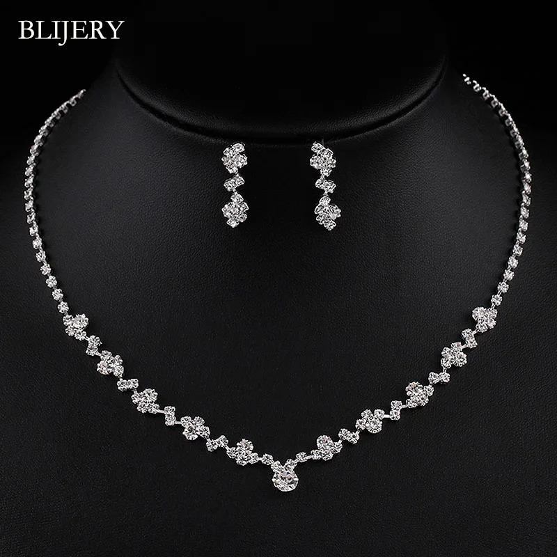 BLIJERY Fashion Crystal Bridal Jewelry Sets Silver Color Geometric Choker Necklace Earrings Bracelet Wedding 250103z