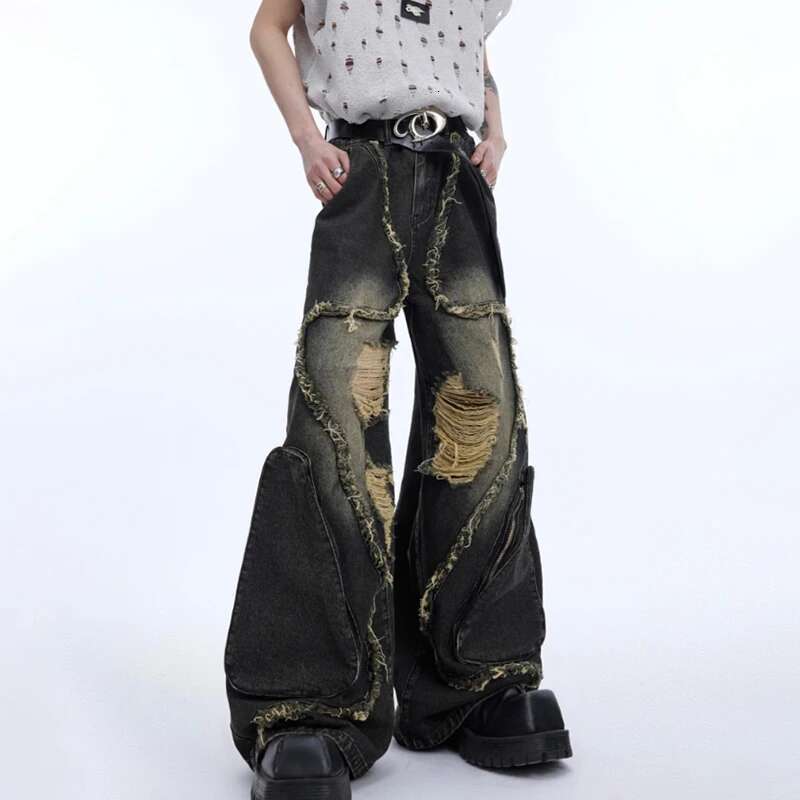 Fashion Wornout Splicing Burr Edge Design Street Denim Pants Men 2024 New Trendy Personalized Original Male Jeans