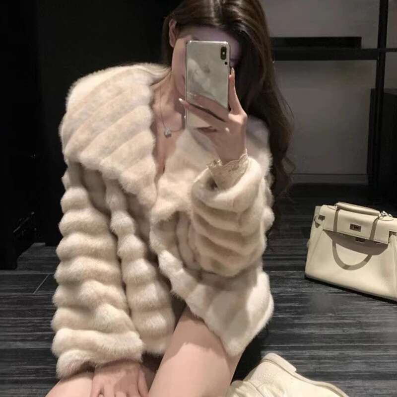 Winter New Plush Imitation Coats Womens Fashion Faux Fur Lapel Long Sleeve Warm Thickened Jacket