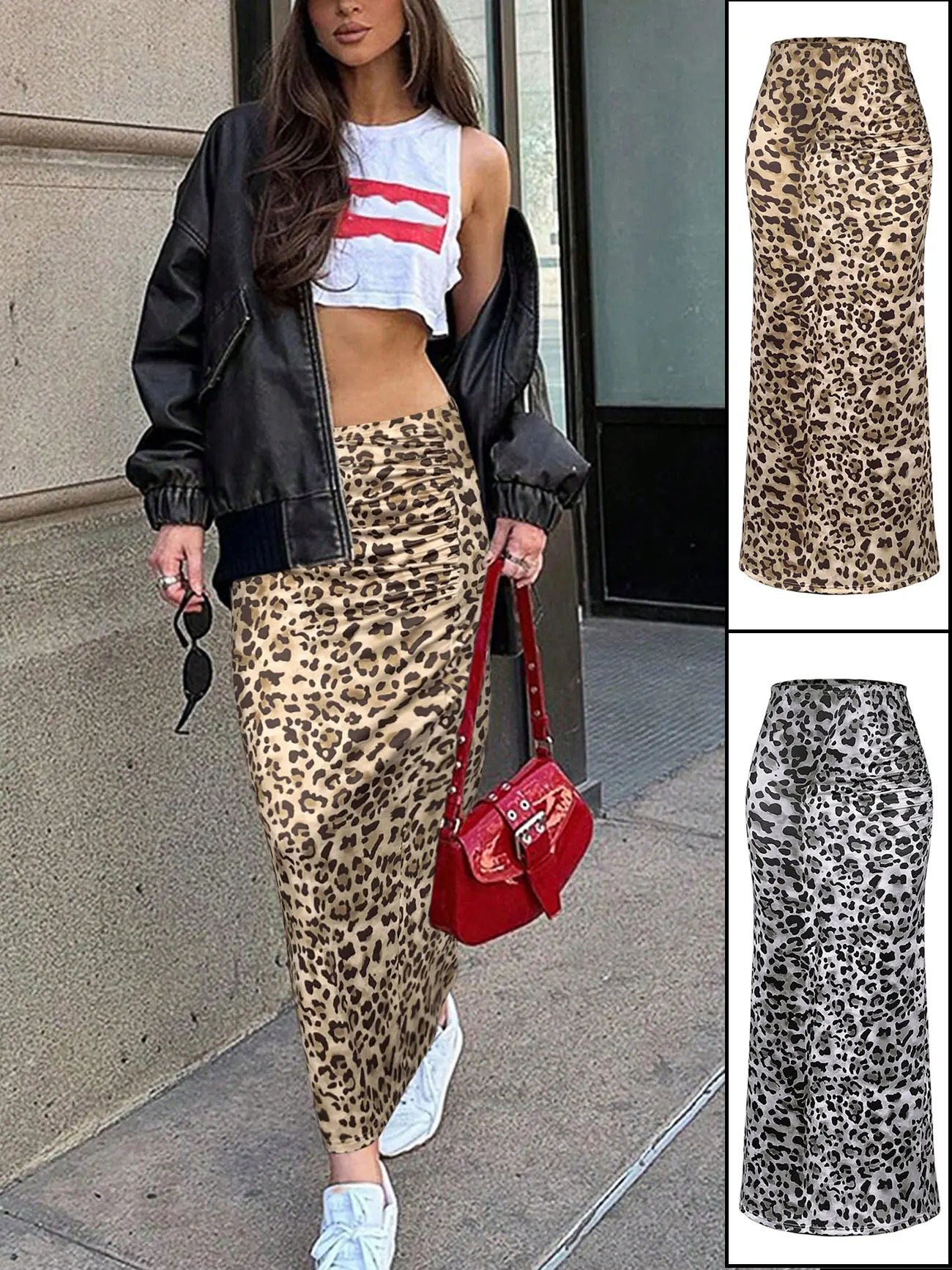 Leopard Print maxi skirt women High Waist Hip Package Slim Midi Skirts Female Sping Summer Fashion long vintage skirts for 250106