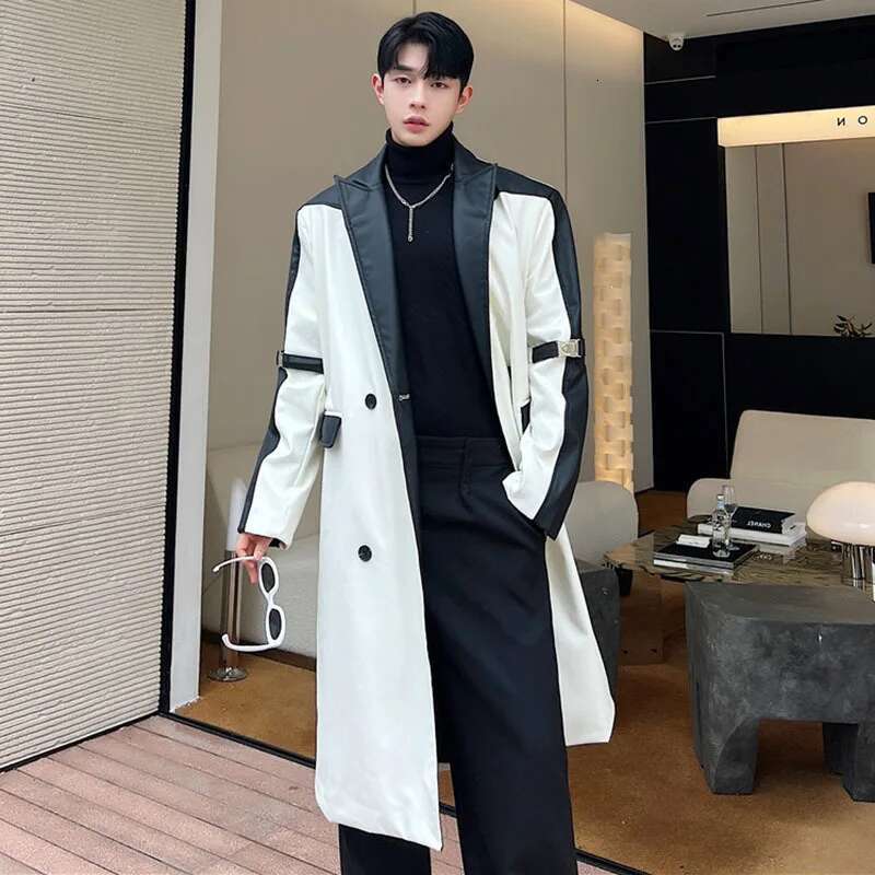 Korean Stylish Long Windbreaker Coat Men's Autumn Color Contrast Splicing Design Trendy Original Leather Outerwear C98683