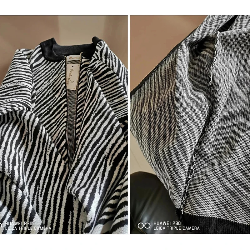 Elegant Striped Bomber Jackets Women Baseball Collar Knitted Outerwear Korean Fashion Cropped Coats Mother Spring Jacket 250109