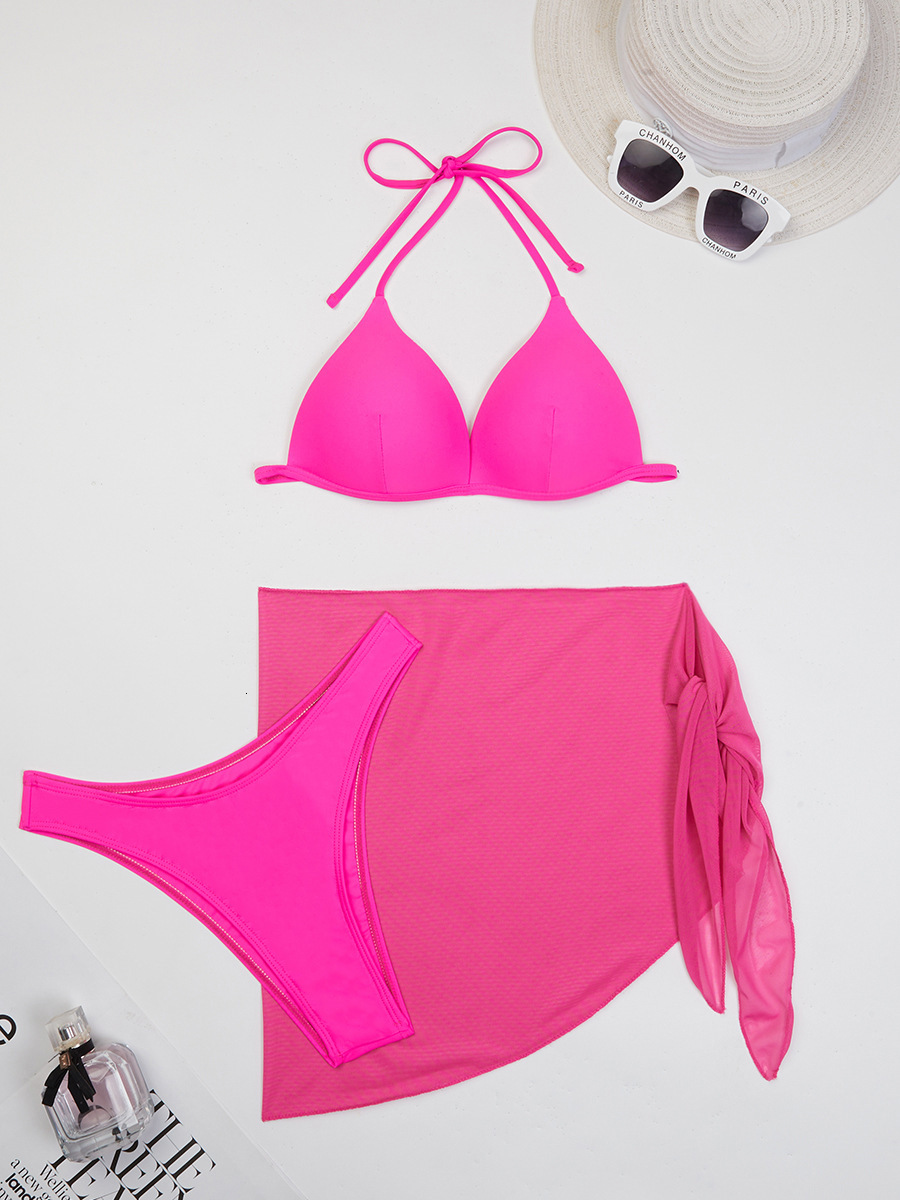 New Sexy Three Sexy Beach Bikini Designer Swimsuit Piece Gauze Skirt Bikini Mesh Red Solid Color Swimsuit
