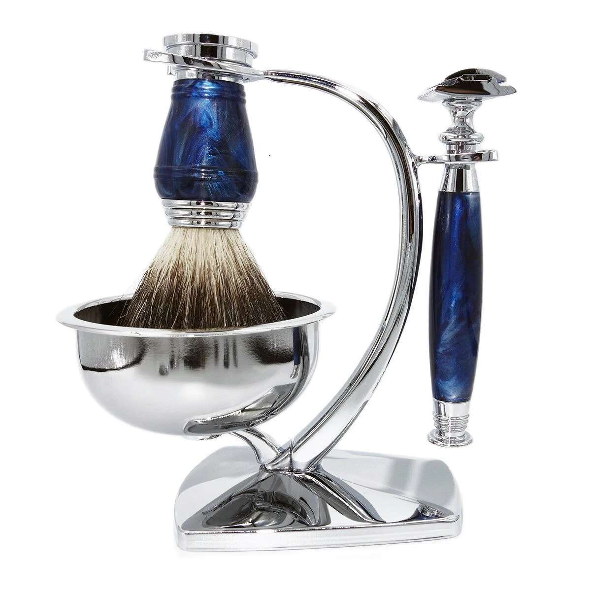 Magyfosia Classic 4 in 1 Mens Shaving Kit T-Shaped Double Edges Close Smooth Razor Royal Blue Handles Brush Stand & Soap Bowl