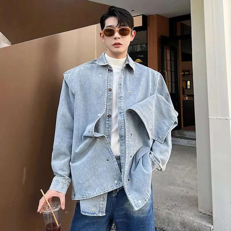 Fake Two Piece Trendy Denim Jacket Men Korean Street Handsome Casual Outerwear Spliced Original Designer Clothes