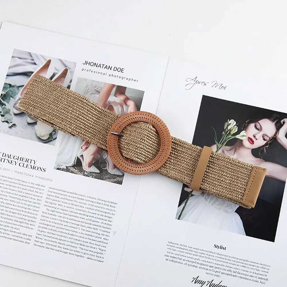 Fashionable womens casual bohemian wide waistband summer woven waistband buckle elastic womens grass belt W250109
