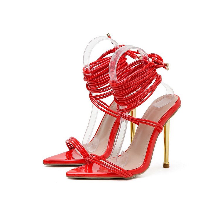 Summer Gladiator Heels Sandals For Women Fashion Pointed Open Toe Lace-Up Stiletto Ladies Strappy Wedding Shoes Black Red