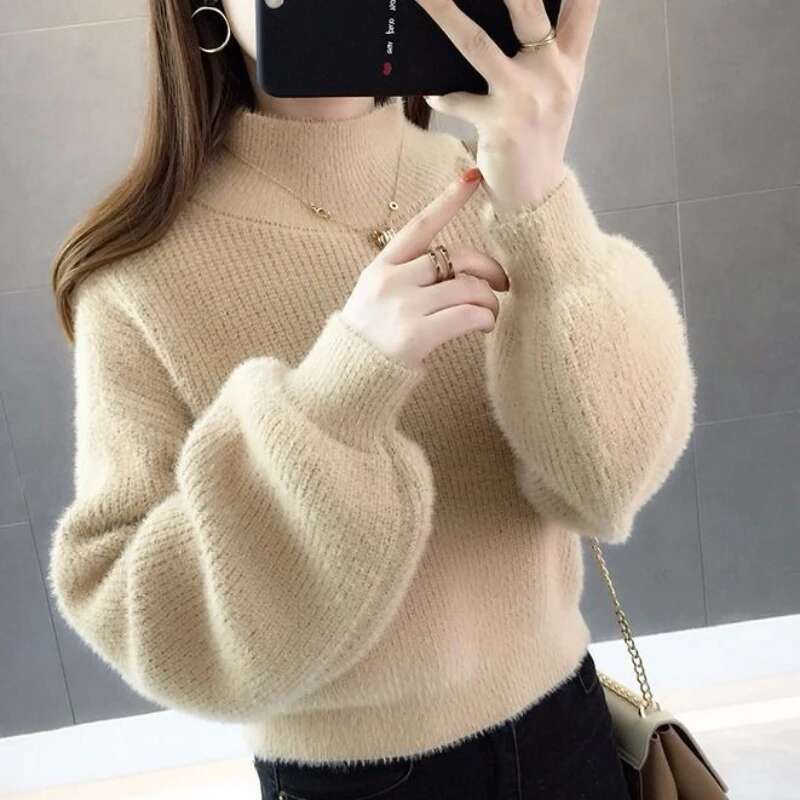 Autumn Winter Imitation Mink Fur Pullover Lazy Style Short Lantern Sleeves Women's Clothing Base Knit Sweater Thick Tops