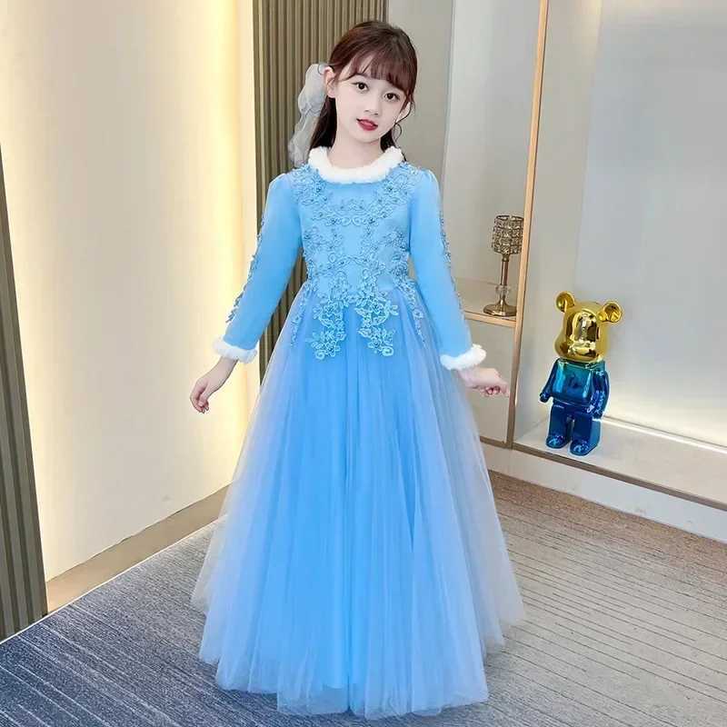 Fashion Children Evening Dresses Mesh Lace Long Sleeve Warm Girls Princess Dress Winter Kids Bridesmaid Dresses 4-14 YearsXJ250108