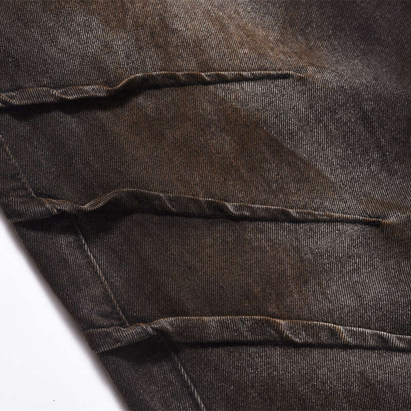 High Street Straight Jeans Pleated Rusty Wornout Design Personalized Wide Leg Denim Pants American Cowboy Trousers