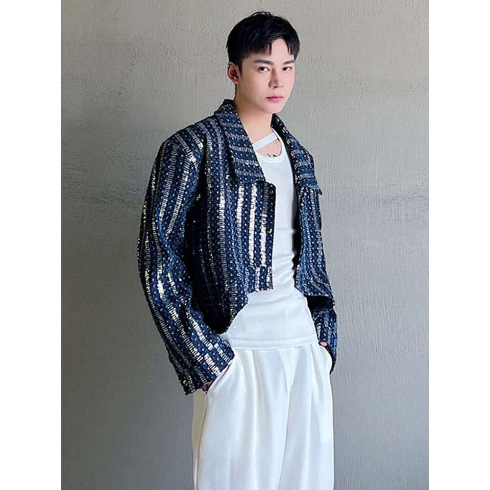 Denim Sequin Jacket Men's Short Coat Top Male Cardigan Fashion Long Sleeve Lapel Temperament Outerwear