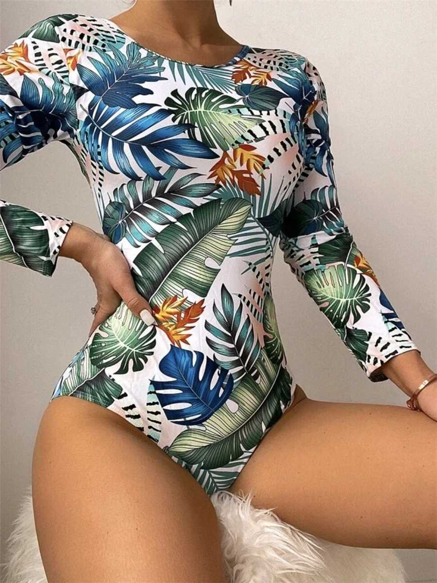 Long Seve Surf Swimsuit aves Printed Swimwear Women Crisscross One Piece Rash Guard Diving Clothes Bathing Suit SummerXJ240108