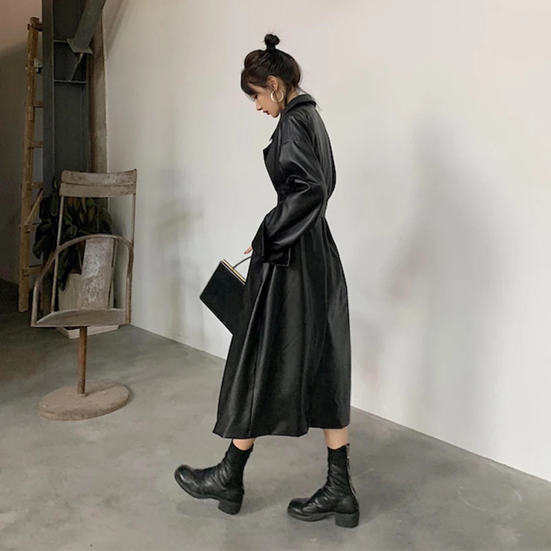Lautaro Long oversized leather trench coat for women long sleeve lapel loose fit Fall Stylish black clothing streetwear 250103