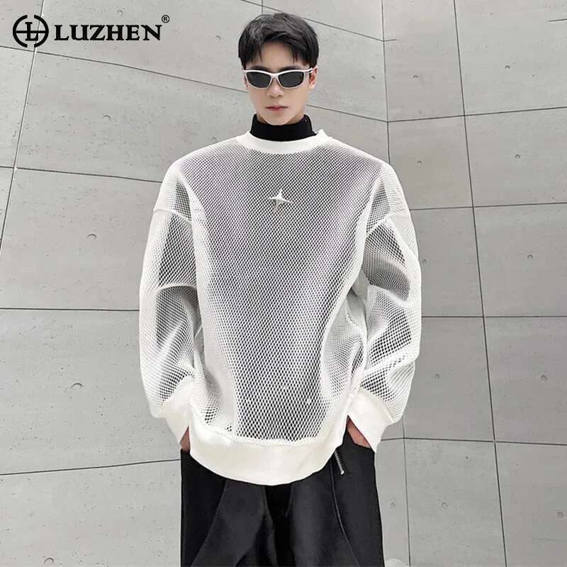 Autumn High Street Perspective Original Mesh Design Sweater Men's Fashion Metal Buckle Decorate Casual Tops