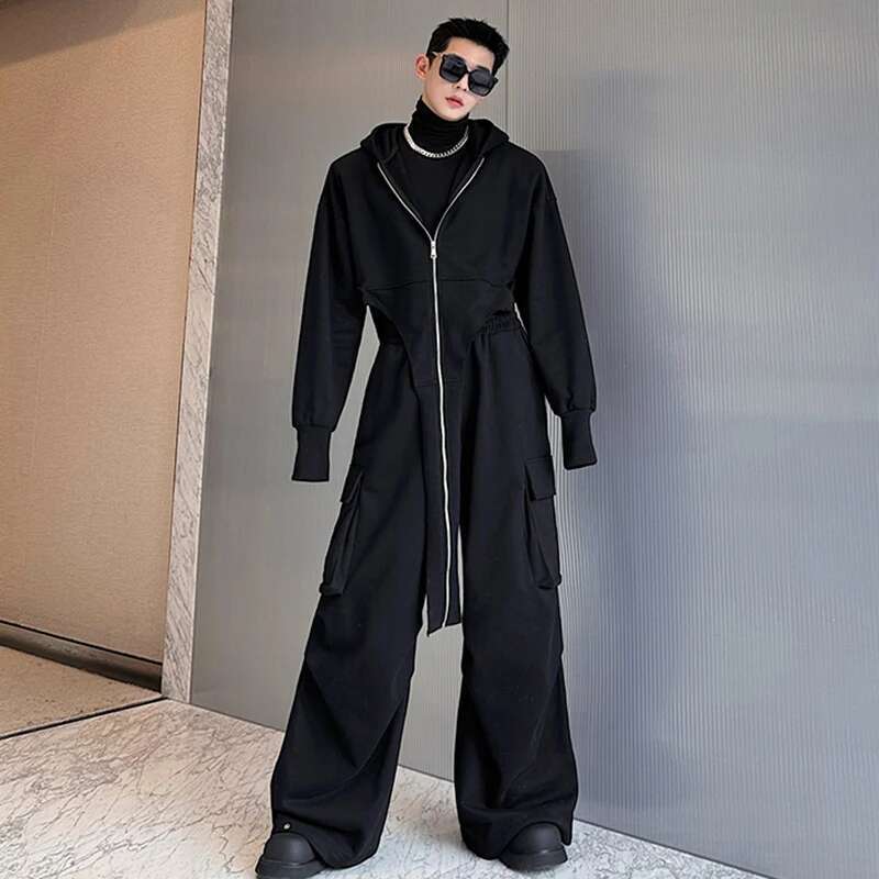 Autumn Fashion Personality Asymmetric Design High Street Hooded Jacket Baggy Casual Pants Men Two-Piece Sets