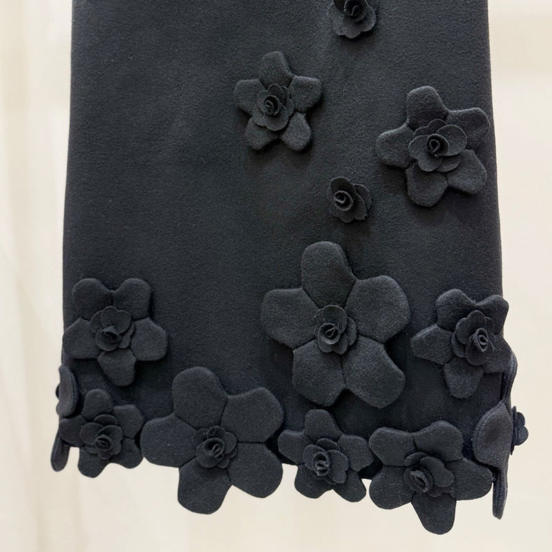 Women's Solid Handmade Flower Wool Dresses Elegant Trendy Round Neck Sleeveless Luxury Mini Straight Dress 2 Colors High Quality Designer Loose V