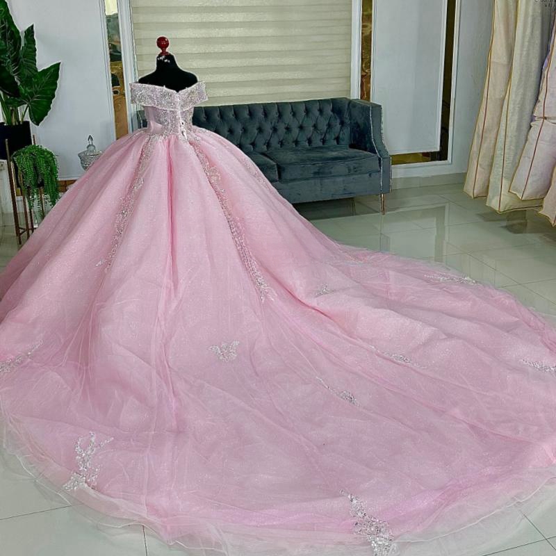 Pink Quinceanera Dresses Ball Gown Off The Shoulder Applique Lace Beading Tull Corset Party Birthday Sweet 16 Dress