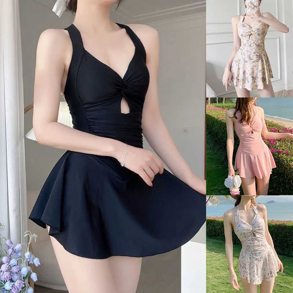 Women Hanging Neck Swimwear Sexy Beach Dr High Waist Swimsuit Sweet Swimwear Conservative Belly-covering Spring Dr LinedXJ240108