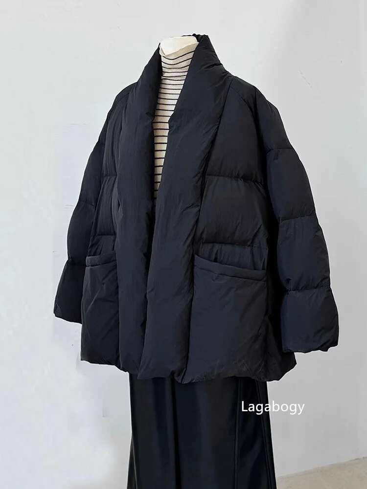 Lagabogy 2024 Winter Belt Waist-Tight Elegant Warm 90% White Duck Down Jacket Female Long Sleeve Solid Color V-Neck Puffer Coat