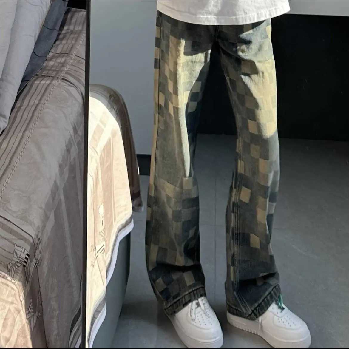 2025S Fashion Designer High Quality American Washed Retro Checkered Jeans For Couples Hip Hop Trend Straight Leg Personalized Loose Micro Striped Men 