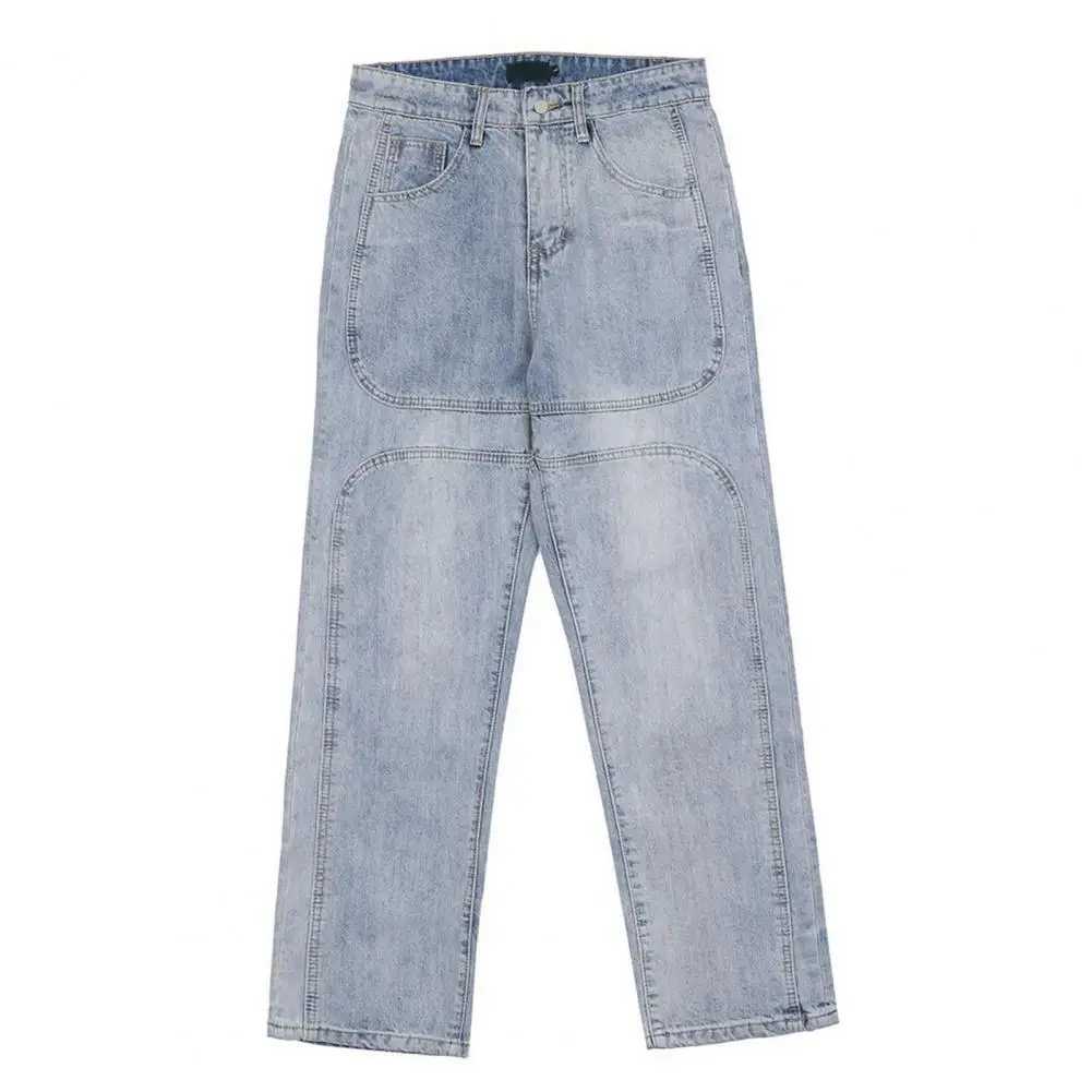 Mens solid color wide leg loose patch work mid waist full length soft breathable pocket zipper button mens pants M250109