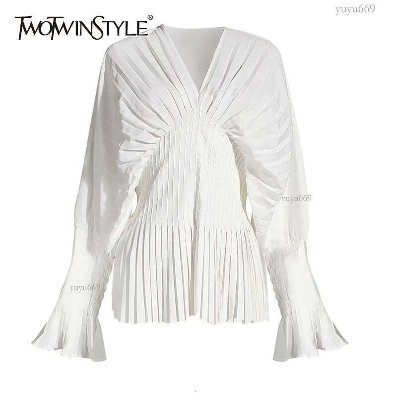 TWOTWINSTYLE Causal Blouses For Female V Neck Flare Long Sleeve High Wiast Pleated Women Shirts Clothes Fashion Summer Tide 210225