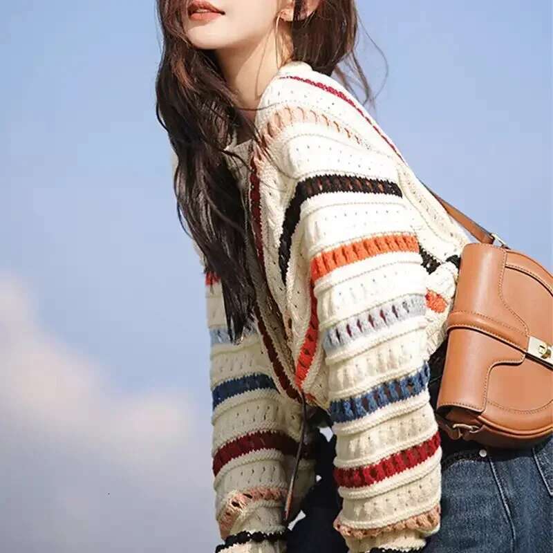 2025 Striped Hollow Knitted Batwing Sleeve Crewneck Sweater Women's 2024 Autumn New Korean Style Loose Simple Elegant Casual Top