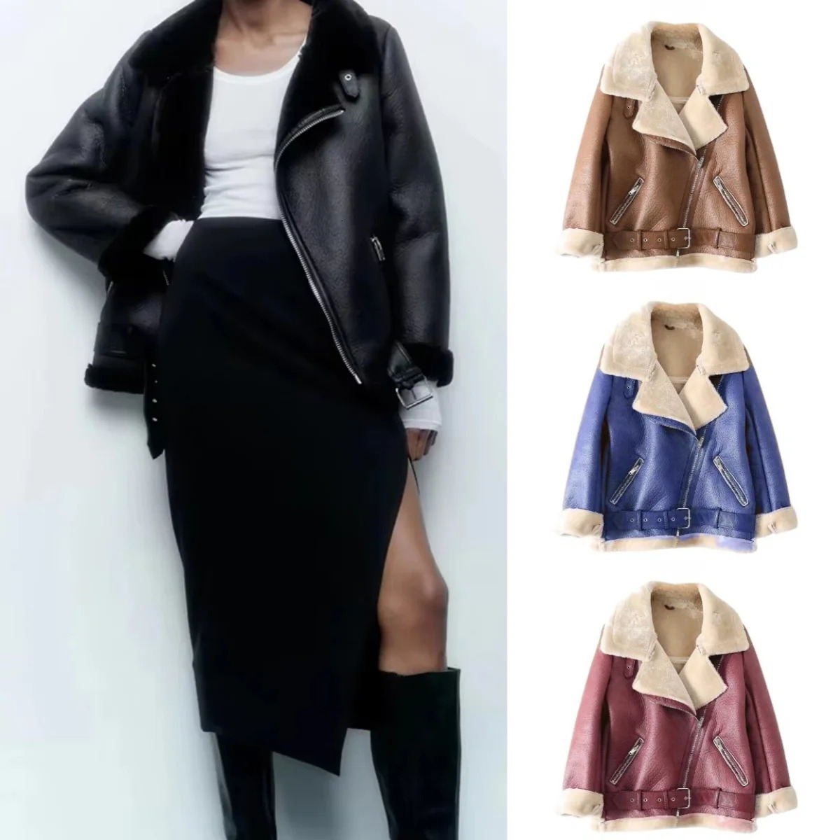 2024 winter womens clothing fashion locomotive version lapel fur integrated thickened thermal coat leather jacket 250103