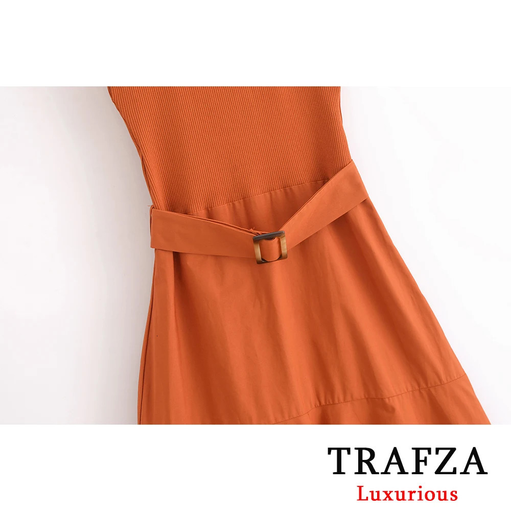 TRAFZA Elegant Solid Knitted Patchwork Midi Dress Women O Neck Sleeveless Belted Dresses Chic Lady Party 250106
