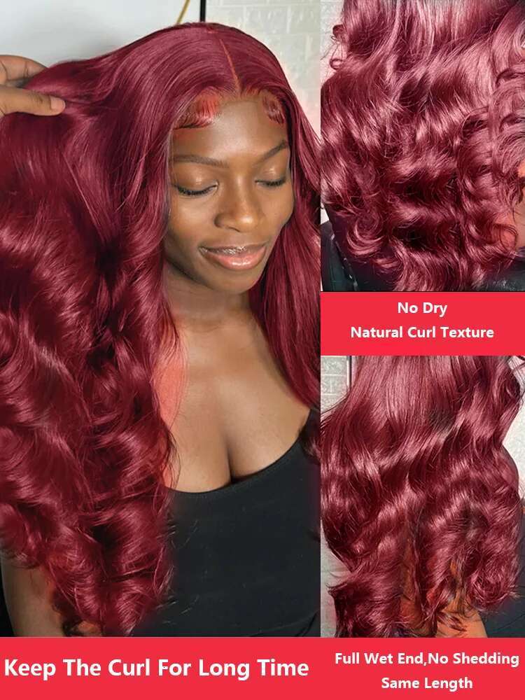 13x6 99J Bury Body HD Transparent 13x4 Front Human Hair 30 40 Inch Red Colored Water Wave Lace Frontal Wigs