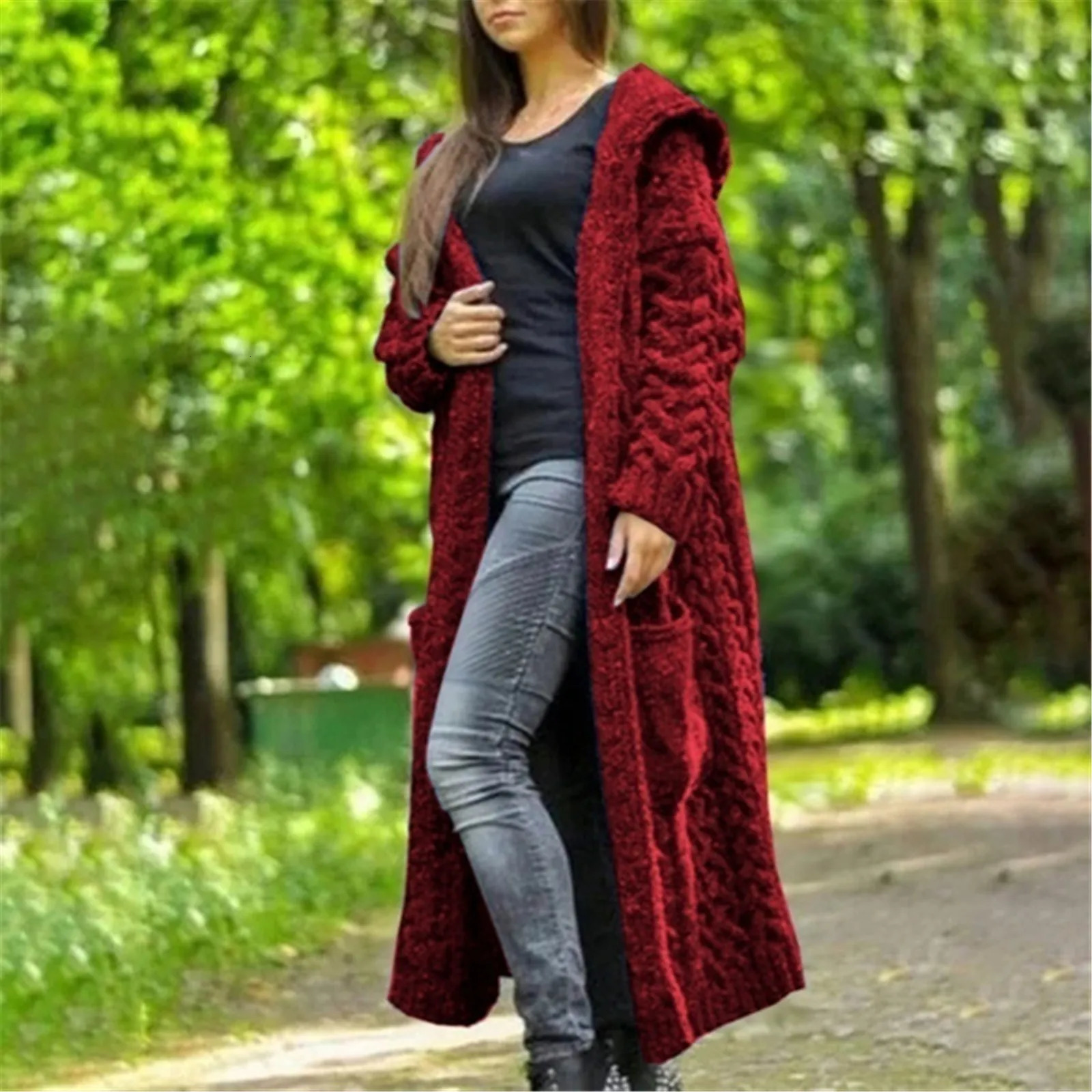 Long Sleeve Loose Cardigan Coat Solid Sweater Winter Long Knitted Pocket Loose Women Cardigan Hooded Limited Sweater Women 250106