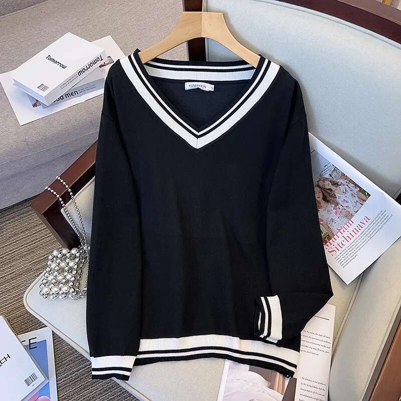 170Kg Plus Size Women's Bust 160 Spring Autumn Loose Pullover V-Neck Underlay Sweater Stripe Knit 5Xl 6Xl 7Xl 8Xl 9Xl 10Xl