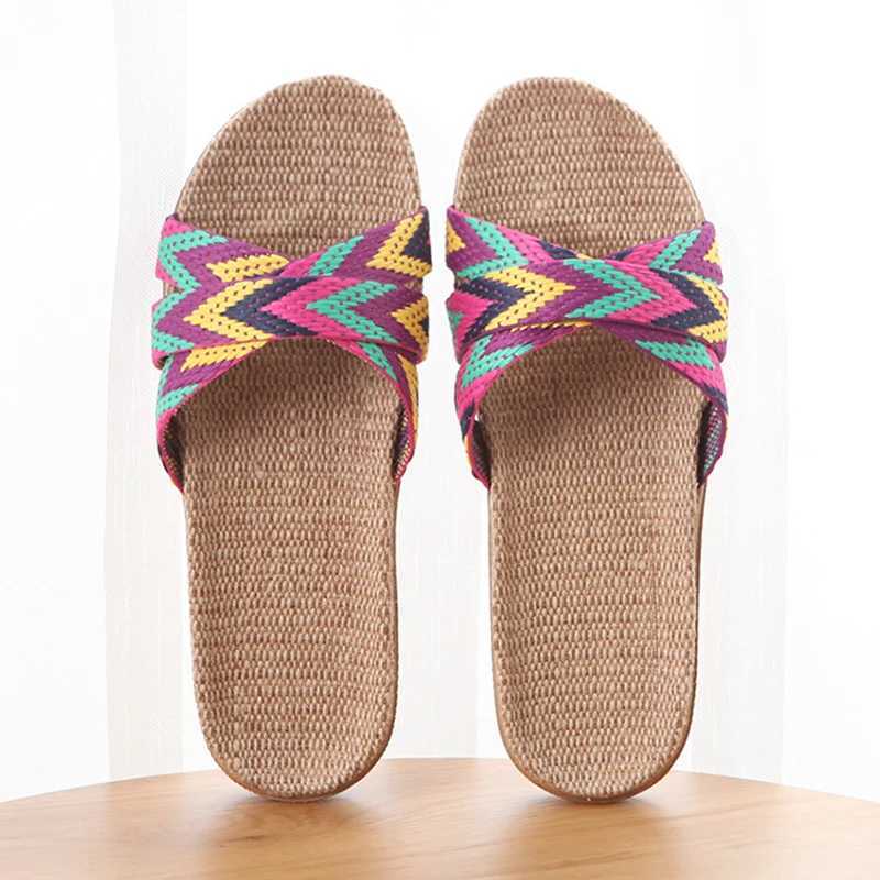 New Arrival Mntrerm new home casual sports shoes summer mixed color floor womens indoor flat shoes cross linen slippers Terlik T250108